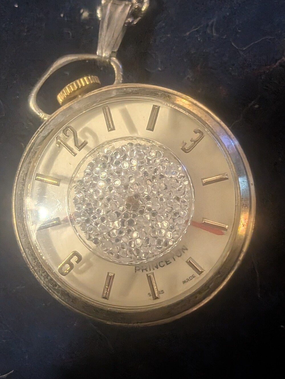 Rare Vintage Princeton Gold-Tone Pocket Watch Pendant with Crystal Cluster